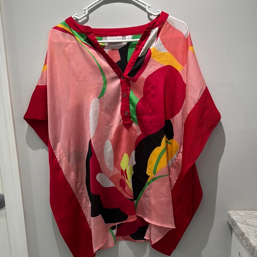 New York & Company Red and Pink Floral Poncho